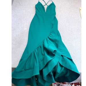 Symphony Evening Gown Womens Small Emerald Green Ruffle Deep V Neck Formal Dress